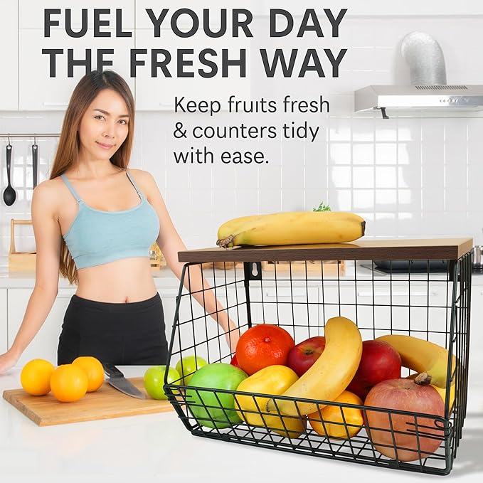 2-Pack Hanging Fruit Basket for Kitchen, Wall Mounted Metal Wire Storage Bins w/Wood Lid, Banana Hook, Stackable Vegetable Organiser for Countertop Pantry Produce Fruits Onion and Potato