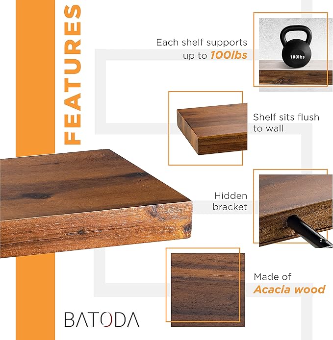 BATODA Set of 2 24" Acacia Wood Floating Shelves Wall Mounted – Rustic Farmhouse Wooden Wall Storage Shelf for Bedroom, Kitchen, Home Décor - Brackets and Shelving Hardware Included-NeatNest
