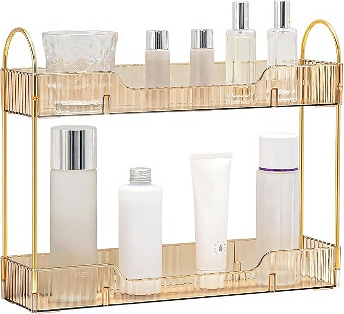 YCIA&DONE 2 Tiers Narrow Vanity Makeup Organizer, Bathroom Organizers Countertop Slim, Perfume Holder Skincare Storage Cosmetic Shelf Spice Rack, for Small Desktop Counter Space, Amber Gold-NeatNest