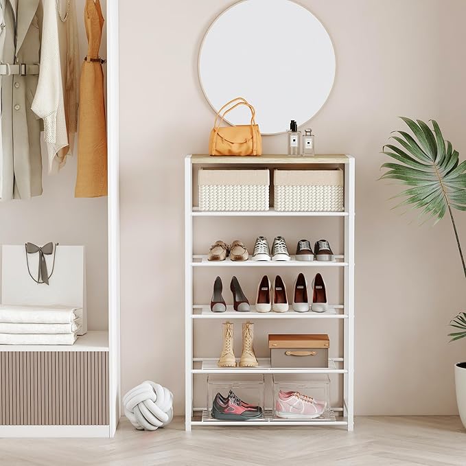 Yusong Shoe Rack Organizer, 6 Tier Industrial Shoe Storage Shelf, Narrow Sturdy Metal Shoe Shelves for Closet Entryway, Rustic Brown-NeatNest