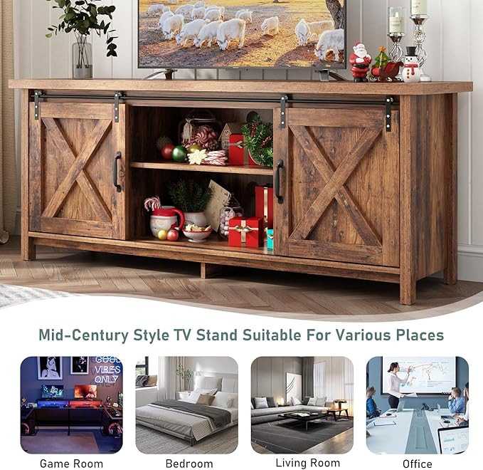 Farmhouse TV Stand for 55-65in TV with Adjustable Shelves & Sliding Barn Door - Rustic, Wooden Entertainment Center & Media Cabinet for Bedroom, Living Room (Dark Brown, 58in)-NeatNest
