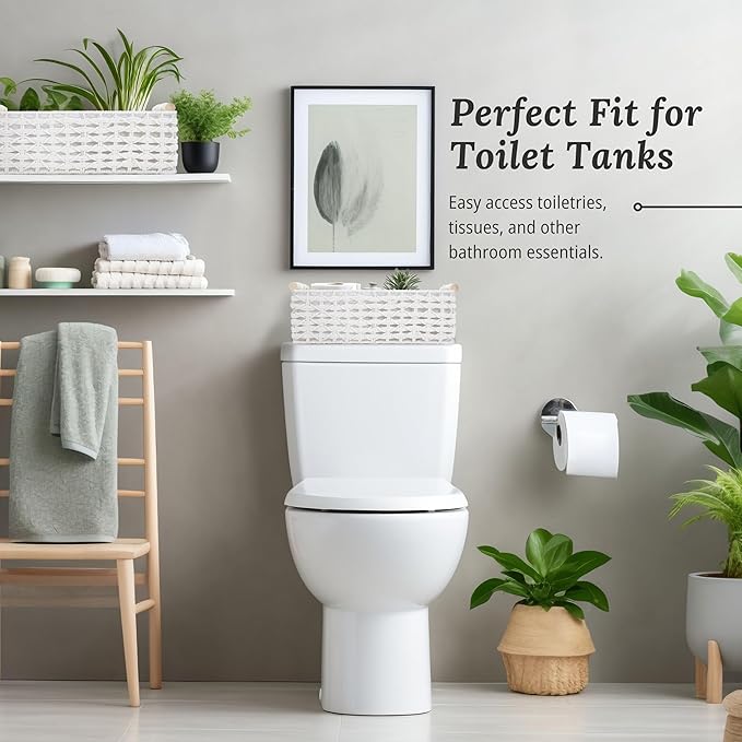 DECOMOMO White Wicker Baskets, Back of Toilet Basket, Bathroom Basket Organizer, Countertop, Home Decor (White, Set of 2)-NeatNest