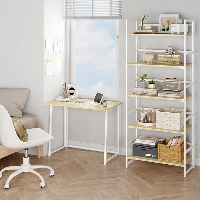 BHG Vintage Multifunctional Folding Bookshelf, No-Assembly Plant Stand Storage Rack Shelves for Home Office (White, 5-Tier)-NeatNest