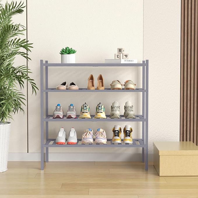 4 Tier Bamboo Shoe Rack for Closet Free Standing Wood Shoe Shelf for Entryway Small Space Stackable 27"x11"x26" (Grey)-NeatNest