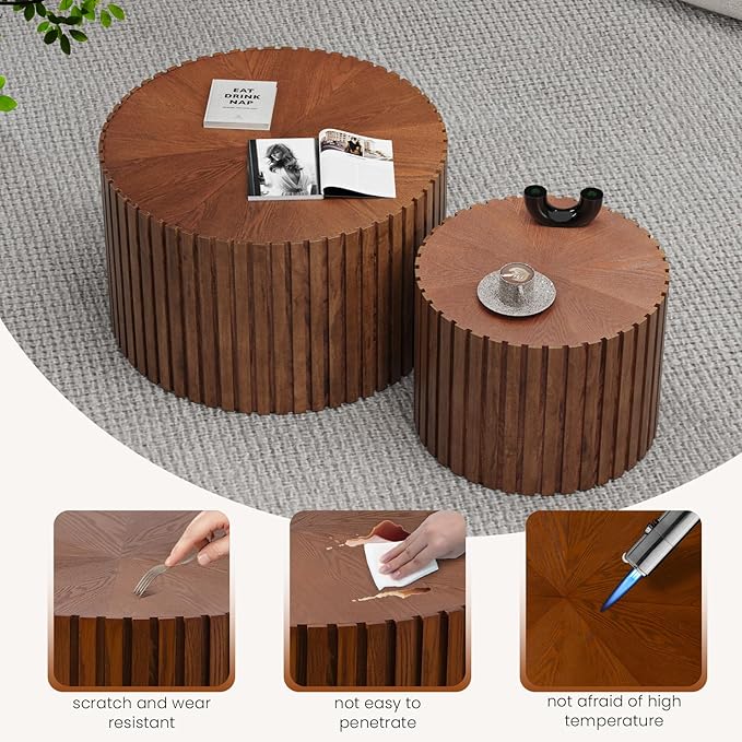 Round Nesting Coffee Table Set of 2 Circle Nested Coffee Tables Modern Fluted Coffee Table Set of 2 Wooden Drum End Side Tables for Living Room Bedroom Small Spaces (Brown Small)