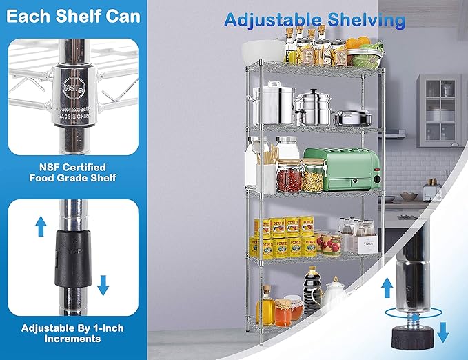 5-Tier Metal Wire Shelving Unit Snack Shelf Height Adjustable Storage Rack NSF Certified Storage Shelves 1250 Lbs Capacity Standing Utility Shelf for Laundry Kitchen Pantry Garage Organization