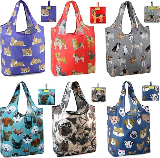 BeeGreen Cute Dog Cloth Gift Bags - Reusable Grocery Bag with Handles Foldable Washable 6 Pack - Extra Large Heavy Duty Tote Bag for Groceries (Bulk Holiday Packable Travel) - Shopping Bags for Women-NeatNest