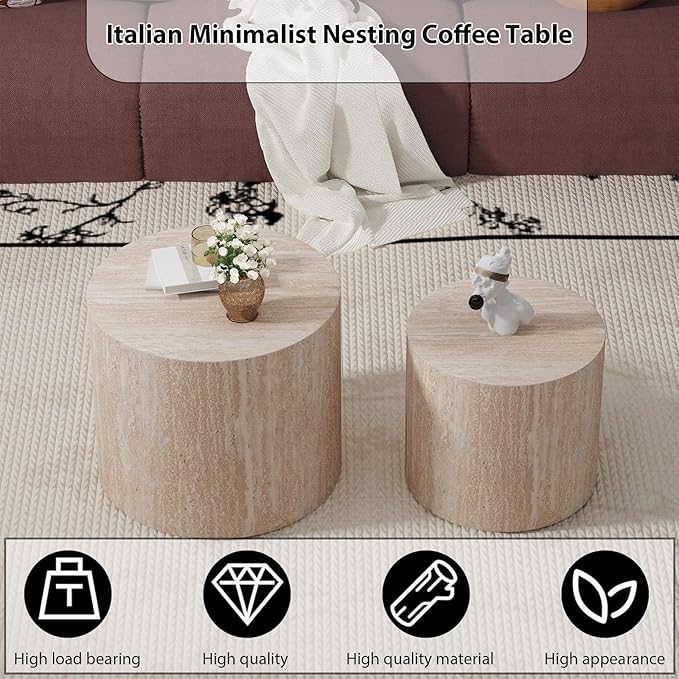 Round Nesting Coffee Table Set of 2 Circle Nested Coffee Tables Modern Travertine Coffee Table Set of 2 Wooden Drum End Side Tables for Living Room Bedroom Small Spaces (Travertine)