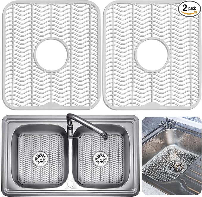 DecorRack 2 Sink Protectors for Kitchen Sink, Plastic 12" x 11" Dish Rack, Protect Sink from Stains, Damage, Scratches, Dishwasher Safe Grid Mat for Kitchen (2 Pack, White)