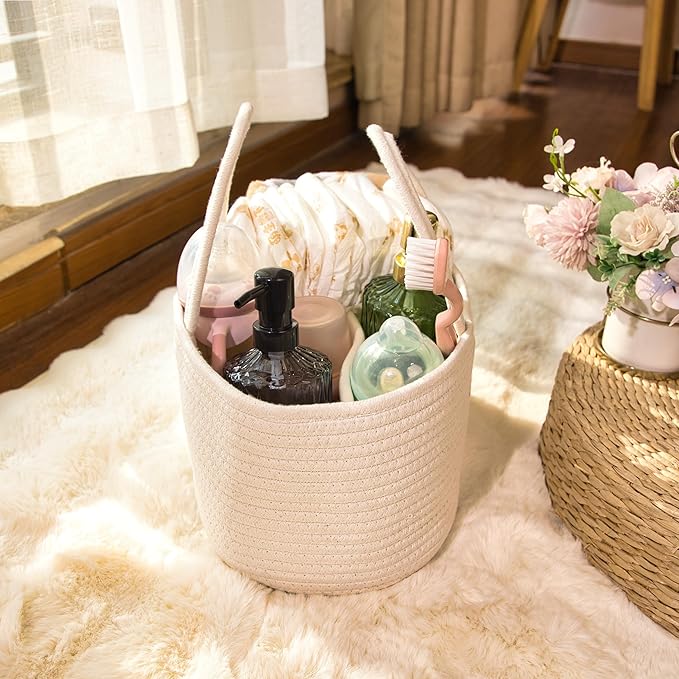 Baby Diaper Caddy Girl Boy Organizer Small Woven Baskets With Handle, Cotton Rope Tote For Shower Nursery, Decorative Medium Storage Baskets For Shelves,Unique Gift Baby