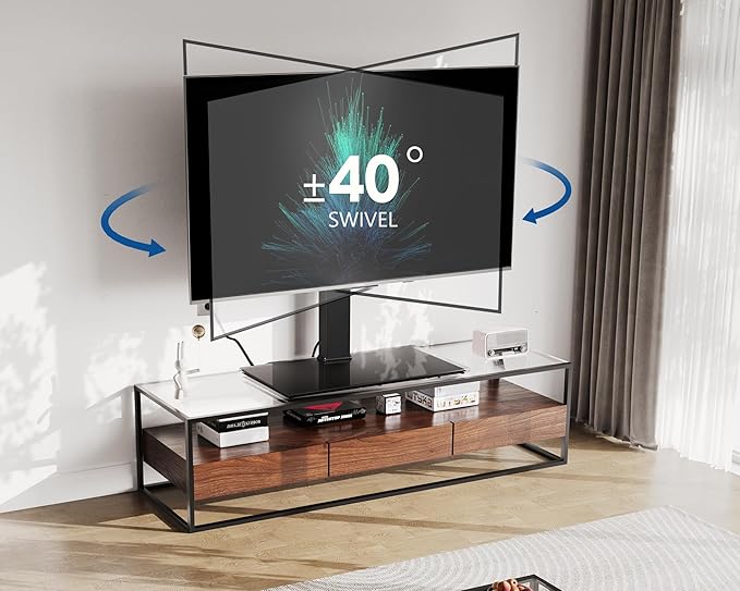 FITUEYES Universal TV Stand with Power Outlets for 50-85 inch TVs, Swivel&Height Adjustable Tall TV Stand for Bedroom Living Room, 27.5''Large Tempered Glass Base Holds up to 143 lbs.