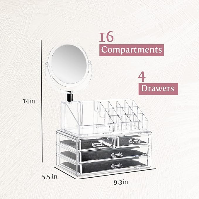 Masirs Clear Makeup Organizer with Mirror – 16-Compartment Cosmetic and Jewelry Holder, 4-Drawer Vanity Storage, Elegant Clear Design for Makeup and Accessories-NeatNest