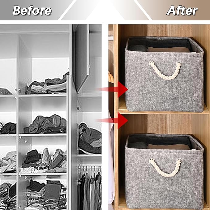 Fabric Storage Bins, 2 Pack Foldable Cube Baskets with Rope Handles, Large Collapsible Storage Cubes for Home, Office, Closet, Clothes, Books Organizer. (Gray, 2PCS/16*12.6*8.2inch)-NeatNest
