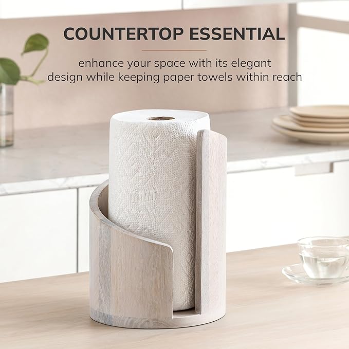 Anji Mountain Paper Towel Holder Countertop with Mango Wood Round Base and Iron Holder,Holder Stand for Kitchen Roll Organize,Wooden Paper Towel Holder for Kitchen Dining Table Home Decor