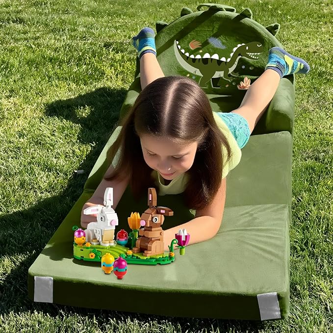 Dinosaur Kids Sofa Bed with Removable Washable Cover & Hook and Loop Backrest – Foldable Toddler Chair, Cozy Crystal Velvet Furniture for Playtime, Naps & Travel (Dark Green, Dino Design)-NeatNest