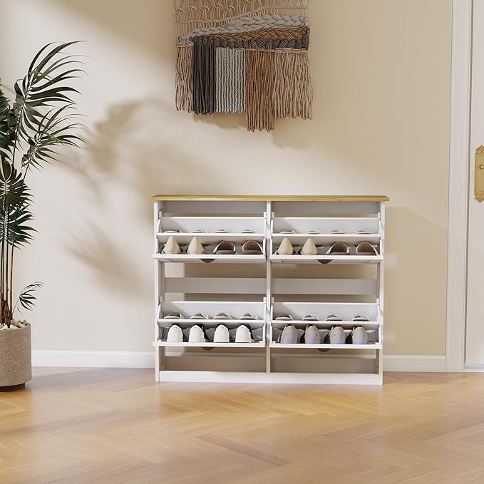 RASOO Shoe Storage Cabinet with 4 Flip Drawers, Freestanding Farmhouse Shoes Organizer Cabinets for Entryway Slim Shoe Rack Cabinet with Adjustable Shelf & Anti-Tipping, White-NeatNest