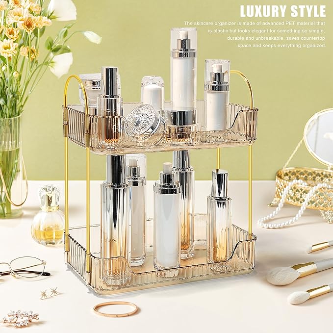Bathroom Counter Organizer Countertop Storage Skincare Countertop Makeup Organizer Cosmetics Skincare Organizers Holder for Perfume-Amber-golden pole-NeatNest
