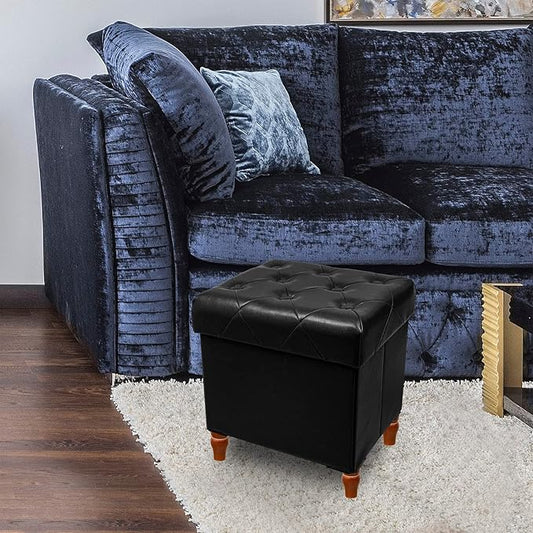 CAROLMADE Folding Storage Ottoman Cube PU Leather Footstool with Wood Legs Ottoman Footrest for Living Room and Bedroom Black, 15x12.6 x 15.4”-NeatNest