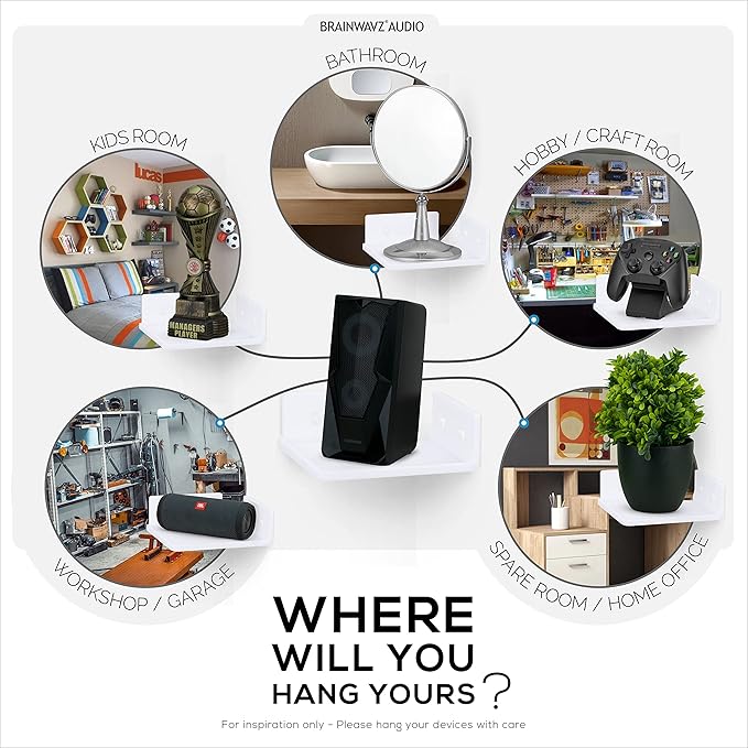 BRAINWAVZ 6.5" Corner Shelf Mount for Speakers, Cameras, Baby Monitors, Plants, Books Electronics, Collectibles & More, Adhesive & Screw in Floating Shelves (White)-NeatNest
