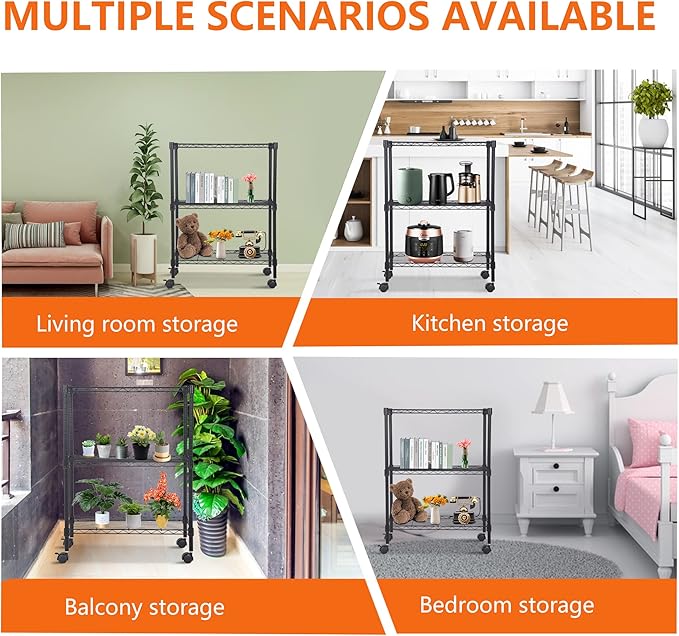 BestOffice 3-Tier Adjustable Wire Shelving Storage Shelves Heavy Duty Shelving Unit with Wheels for Small Places Kitchen Garage Balcony,Black-NeatNest