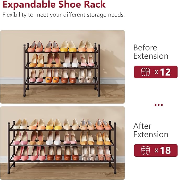 Tajsoon 3 Tier Expandable Shoe Rack for Closet, 28“-41“Adjustable & Stackable Shoe Shelf Storage, Metal Shoe Rack Organizer for Front Door Entrance, Closet, Garage, Entryway, Bronze-NeatNest