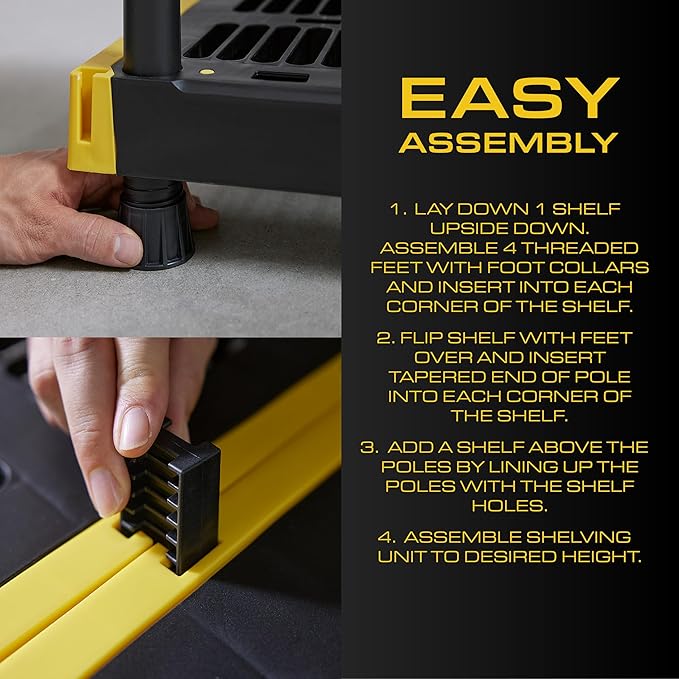 BLACK & YELLOW, 4-Tier Heavy Duty Plastic Storage Shelving Unit, 200lbs/shelf (55"H x 48"W x 20"D), for Indoor/Outdoor Organization, Modular Rack-NeatNest