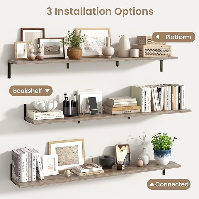 Fun Memories Deep Floating Shelves, 55W x 8D Floating Shelves Set of 2, Wall Mounted Shelf with Metal Brackets, Rustic Wood Wall Shelf for Bathroom, Kitchen and Living Room, Grey-NeatNest