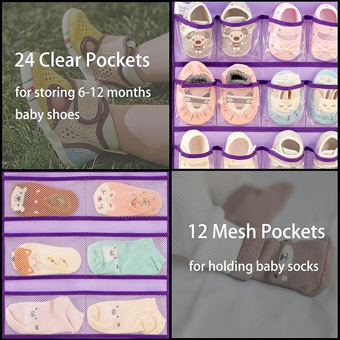 Dual-sided Hanging Baby Shoes Organizer Closet Toddler Shoe Storage Holder for Kids Bow Socks Underwear (PURPLE)-NeatNest