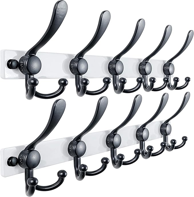 Dseap Coat Rack Wall Mount 2.0 Pro: Heavy Duty 300% Thicker, 16" Stud Mount, Stainless Steel Wall Coat Hooks Hanger for Clothes Jackets Hats Entryway Closet, MaxStrong Series, White & Black, Pack of 2