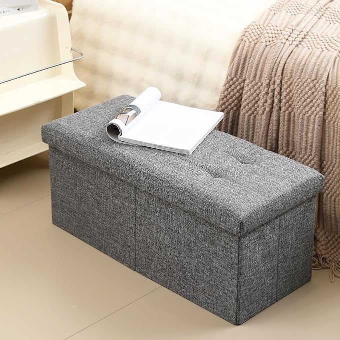 CUYOCA Storage Ottoman Bench Foldable Seat Footrest Shoe Bench End of Bed Storage with Flipping Lid, 75L Storage Space, 30 inches Linen Fabric Dark Grey-NeatNest