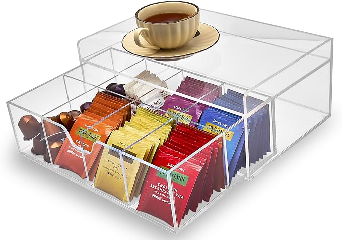 Acrylic Tea Station Organizer for Countertop - Tea Bag Organizer Drawer, Clear Lucite K Cup and Coffee Pod Storage box with 8 Compartments, Tea Caddy Creamer Holder Display Stand-NeatNest