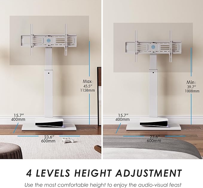 FITUEYES Iron Base Universal Floor TV Stand with Swivel Mount Space Saving for 32-75 Inch LED LCD OLED Plasma Flat Panel or Curved Screen TVs Height Adjustable Wire Management (White)