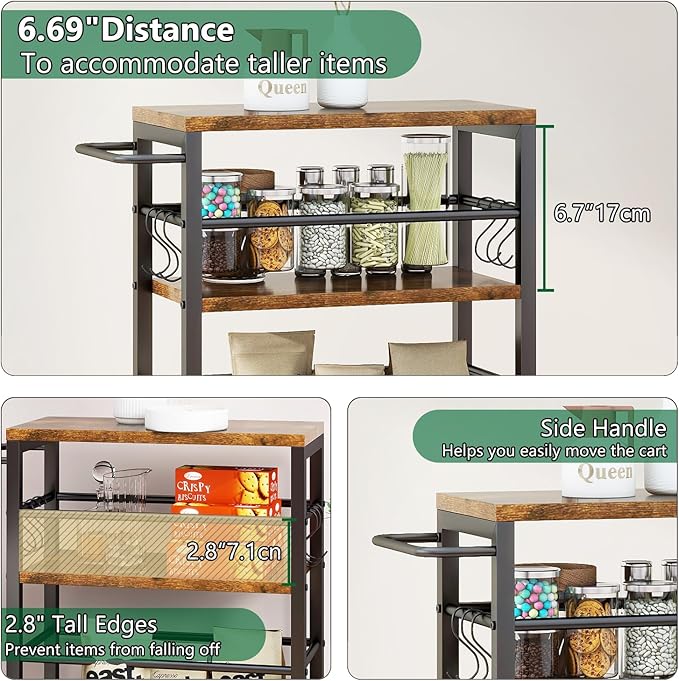 IBUYKE 7.8" Slim Rolling Cart,4-Tier Metal Kitchen Storage Cart,Trolley cart on Wheels for Narrow Space,with Handle and Wooden Tabletop,for Kitchen, Dining Room,Laundry Room,Rustic Brown UTMJ065H