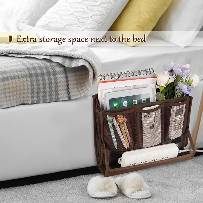 Bedside Storage Organizer with Power Strip Holder and Adjustable Straps Bed Hanging Bag for Home Bunk Bed Dorm Sofa (Brown)-NeatNest
