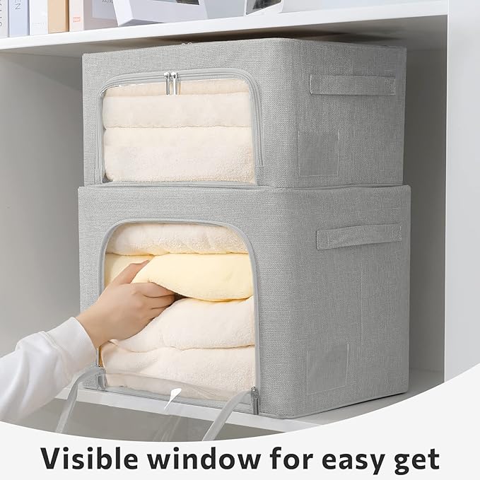 2 Pack Clothes Storage Bins Stackable Metal Frame Storage Box Large Capacity Foldable Linen Fabric Box Organizer with Carrying Handles and Clear Window (Light Gray, 19.7x 15.7x 12.6 Inch)-NeatNest