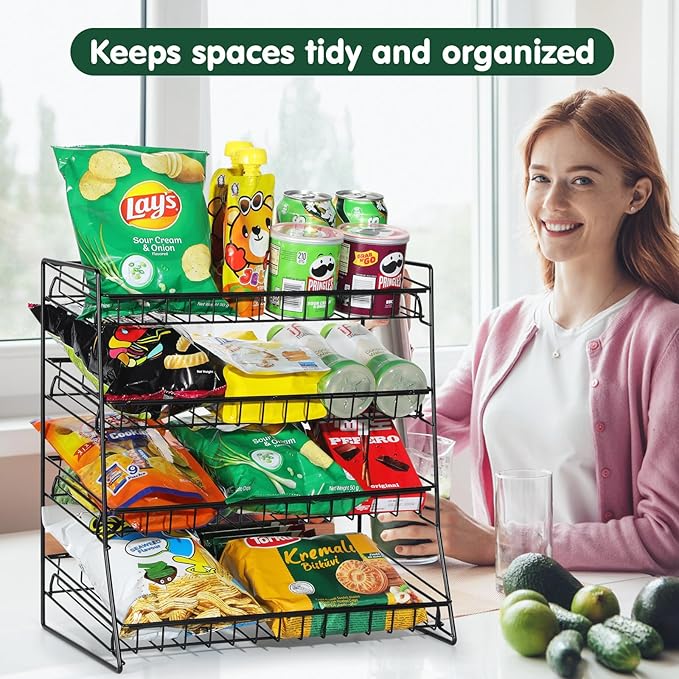 4-Tier Black Stackable Candy Display Rack, Snack Organizer For Countertop, Stores, Offices with 12 Signs and 30 Labels (Black-1 Pack)