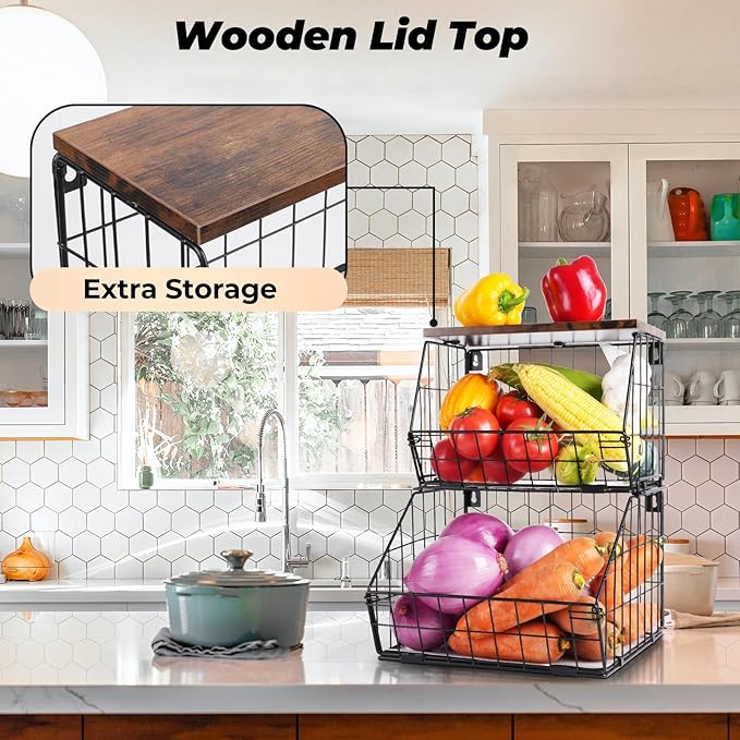 2 Tier Stackable Wall Mounted Hanging Basket, Fruit Basket for Kitchen Counter, Storage Bin with Wood Lid, Onion Storage, Fruit and Vegetable Storage, Countertop Organizer