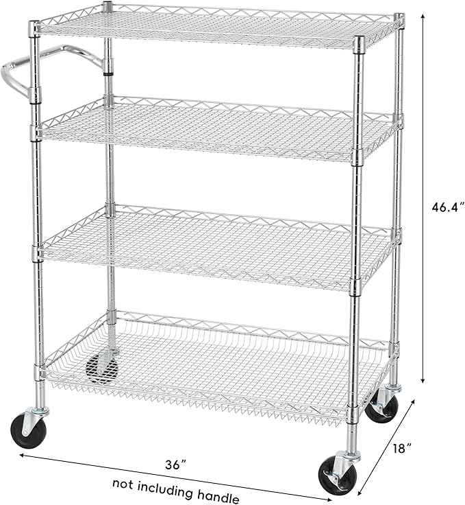 Finnhomy 4 Tier Heavy Duty Commercial Grade Rolling Cart with Handle Bar, Metal Wire Utility Cart with Wheels, Kitchen Service Trolley on Wheels, Shelf Size 18" D x 36" W, NSF, Chrome