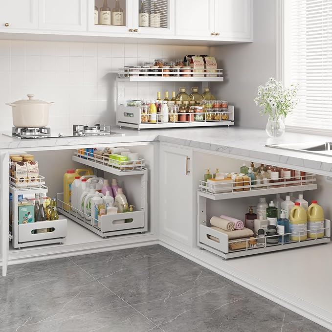 2 Pack 21 IN Depth Pull Out Cabinet Storage With Smooth Rails,2-Tier Dual Pull Out Cabinet Storage For Bathroom Kitchen,Under Sink Shelf-White-NeatNest
