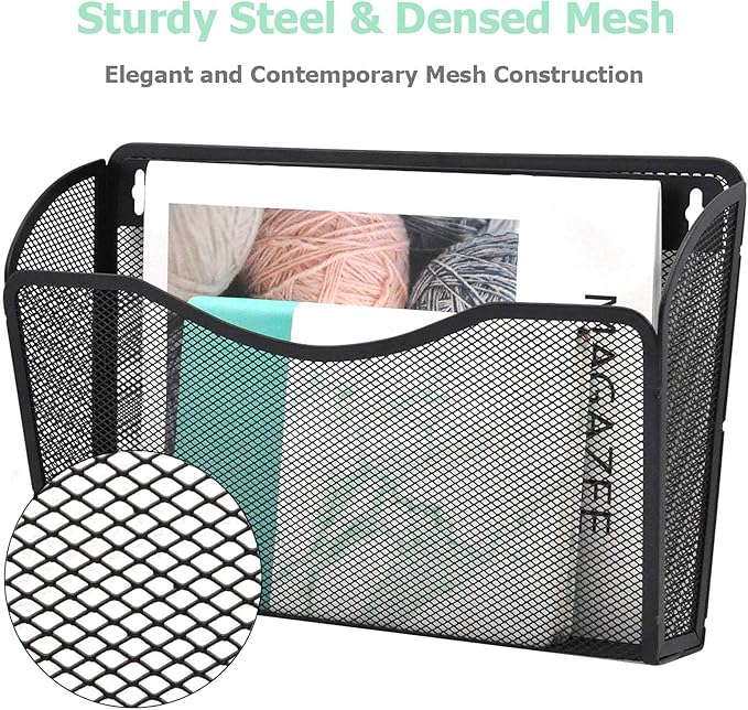EASEPRES 6 Single Pocket Mesh Hanging File Organizer, Vertical Wall Mounted Magazine File Holder, Mount Basket Mail Paper Document Folder Organizing for Office, Home and School, Black