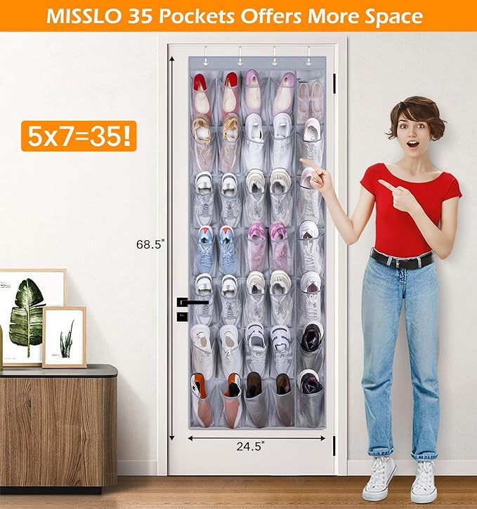 MISSLO Sturdy Oxford Shoe Organizer for Closet Door Hanging Organizer 35 Large Pockets Hanging Shoe Rack for Closet Mesh Back of Doors Shoes Storage Door Hanger, Grey-NeatNest