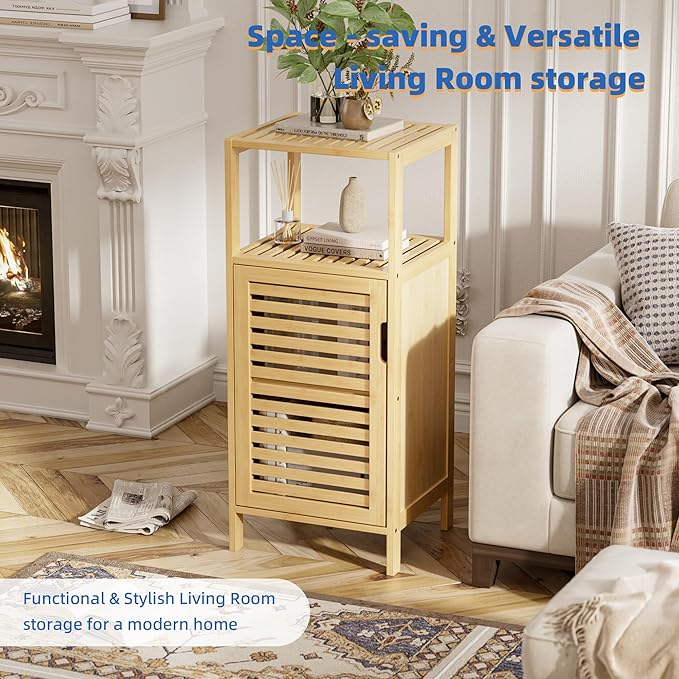 HITNET Bathroom Cabinet Freestanding, Small Bamboo Floor Cabinet, 4 Tier Single Door Sofa Side Table Storage Organizer, Space Saving Kitchen Cupboard, Natural