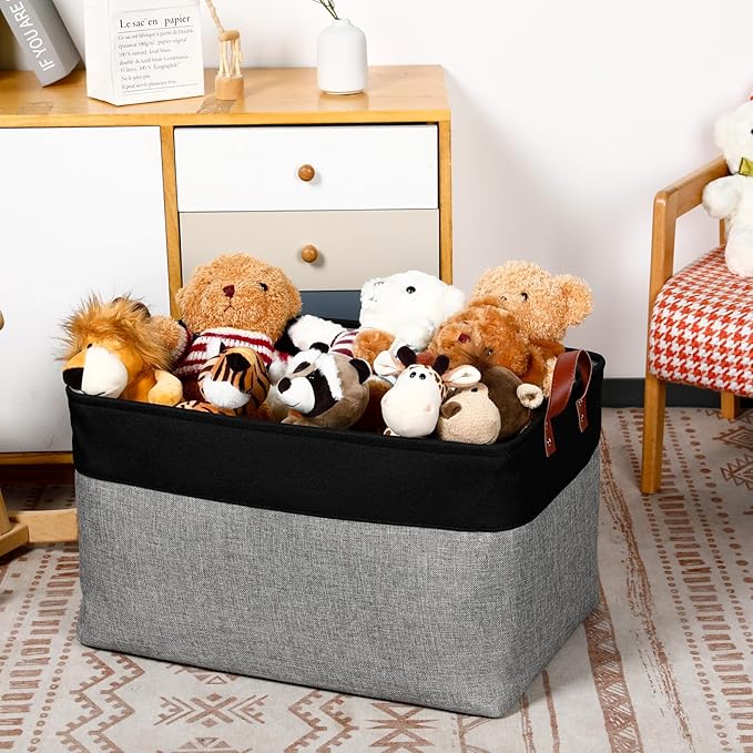 DULLEMELO Extra Large Canvas Fabric Storage Basket, 70L Foldable Closet Storage Bin with Handles, 22" Large Blanket Basket Living Room for Storage Toys, Pillows, Clothes, Books (Black&Grey)-NeatNest