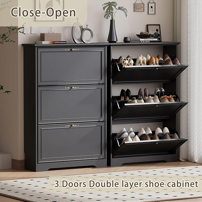 3 Flips Shoe Cabinet for Entryway, Narrow Shoe Storage Cabinet with Adjustable Shelves, Wooden Space-Saving Organizer and Rack for Foyer, Closet, Hallway