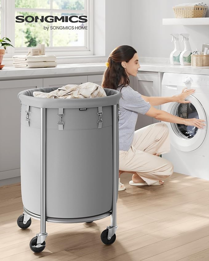 SONGMICS Laundry Basket with Wheels, Rolling Laundry Hamper, 29 Gal., Round Laundry Cart with Steel Frame and Removable Bag, 4 Casters and 2 Brakes, Gray and Silver URLS002G01
