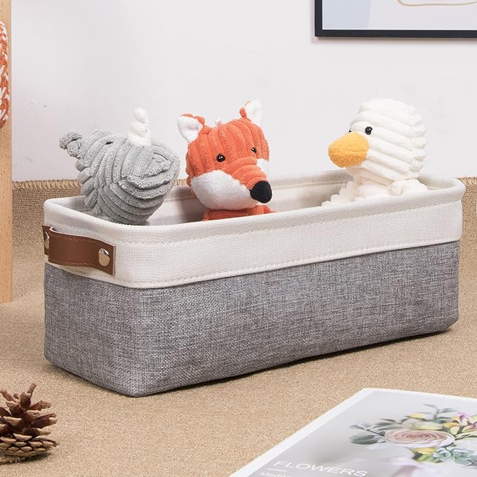 DULLEMELO Fabric Bathroom Storage Bin with Leather Handles, Narrow Organizer for Towels, Toilet Paper Rolls, Storage Basket for Back of Toilet, Vanities, Shelves & Cabinets (White&Gray)-NeatNest