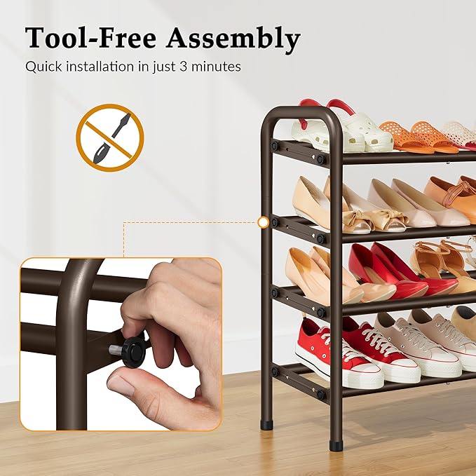 2 Tier Shoe Organizer, Shoe Rack for Closet, 28“ Metal Shelf Can Expandable to 42“, for Bedroom, Entryway, Closet, Garage, Adjustable to 12 Pairs Shoes, Rustic Brown-NeatNest