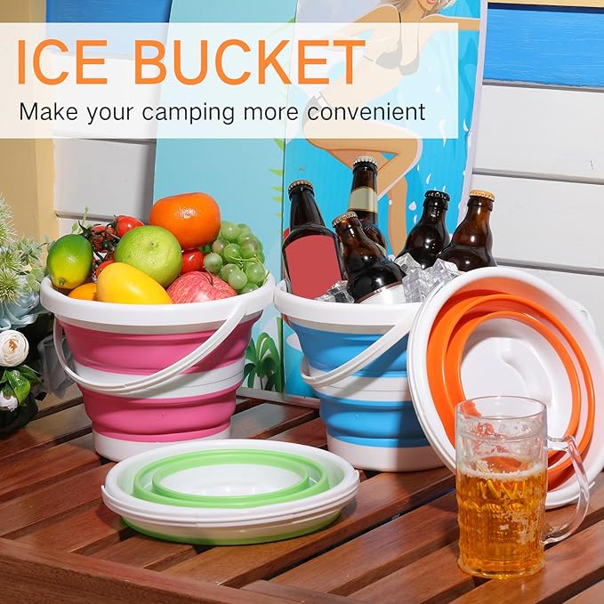 Pickmesh 4 Pcs Collapsible Bucket with Handle 1.3 Gallon (5l) Portable Ice Bucket Large Capacity Household Cleaning Dust Mops Outdoor Fishing Car Wash(Blue, Green, Orange, Pink)
