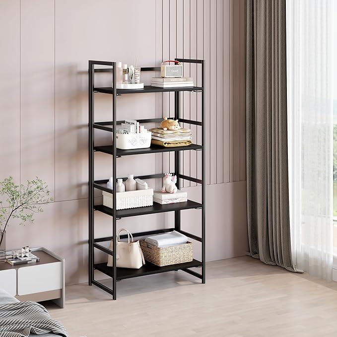 BHG Vintage Multifunctional Folding Bookshelf, No-Assembly Plant Stand Storage Rack Shelves for Home Office (All Black, 4-Tier)-NeatNest