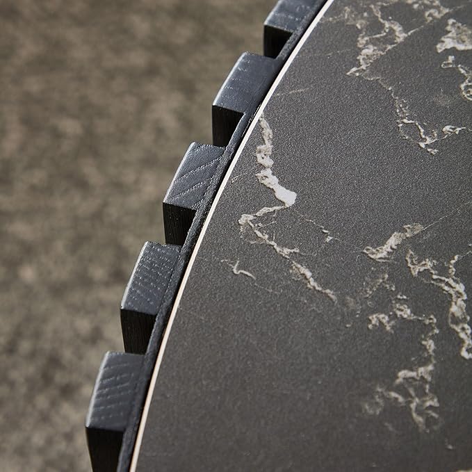 35.43'' Round Coffee Table Wood Circle Coffee Table with Marble Top Pedestal Center Table Fluted Accent Tea Table for Living Room Apartment Office Black